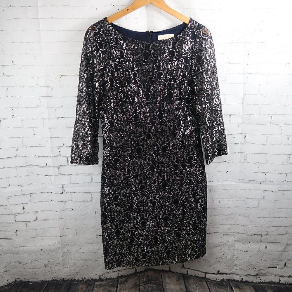 ERIN FETHERSTON BLACK & SILVER LACE LONG SLEEVE ROUND NECK DRESS SIZE 8